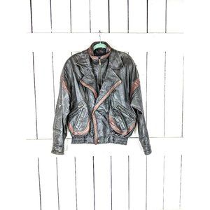 80s vintage black brown leather zipper bomber Dolman sleeve biker jacket